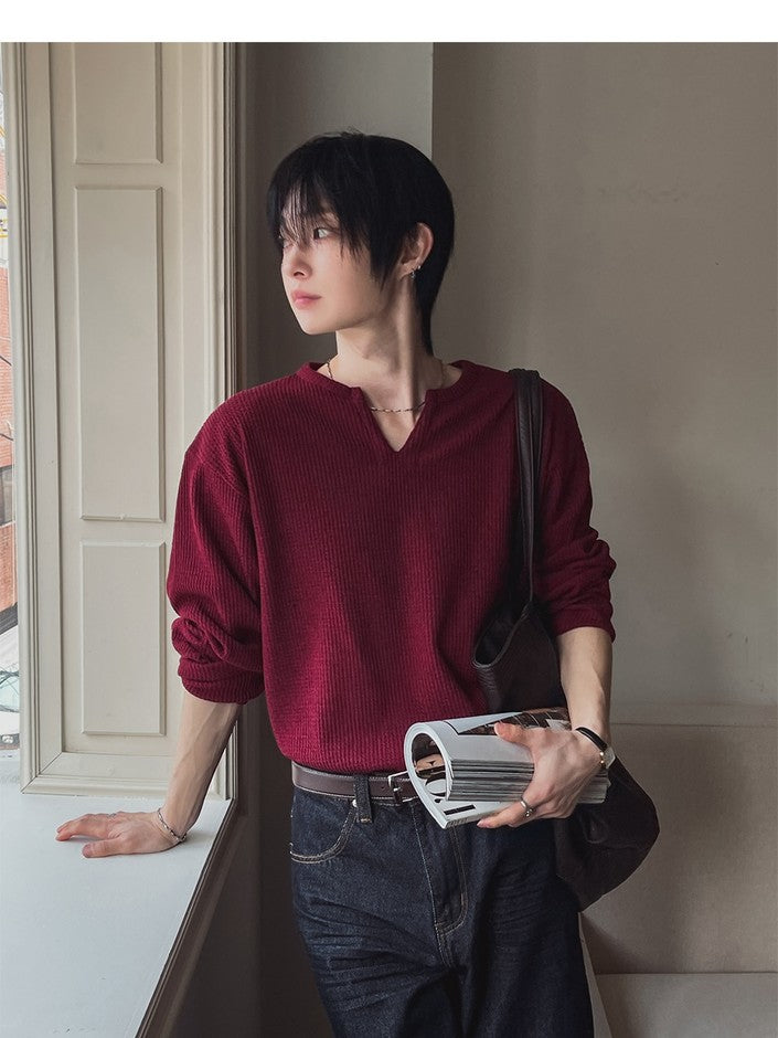 【Metanoia】🇰🇷韓製 V領開衩華夫格長袖針織上衣 - 5