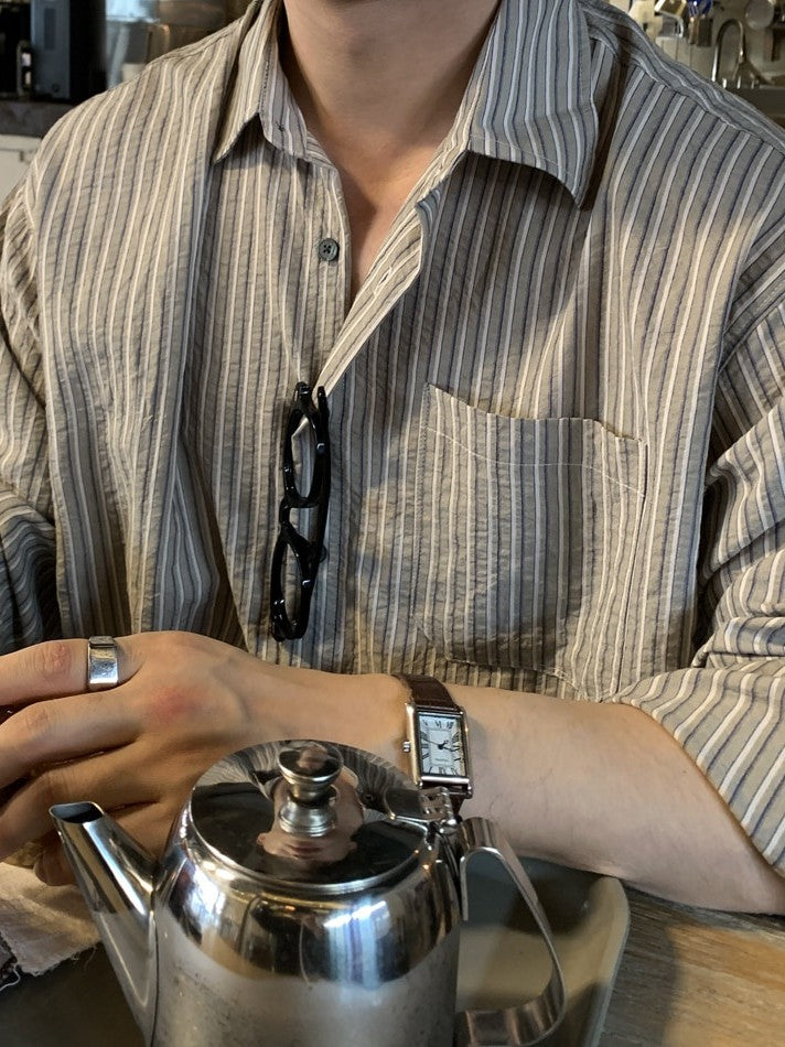 【Metanoia】韓國設計 泡泡紗條紋純棉寬鬆長袖襯衫 - 3