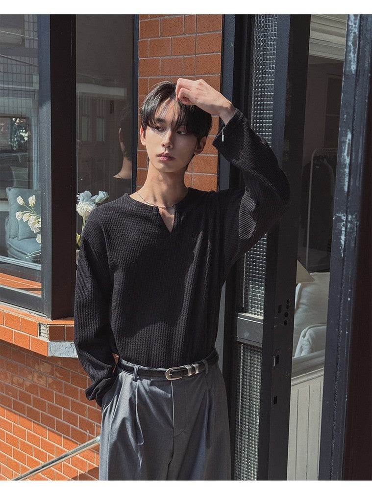 【Metanoia】🇰🇷韓製 V領開衩華夫格長袖針織上衣 - 6