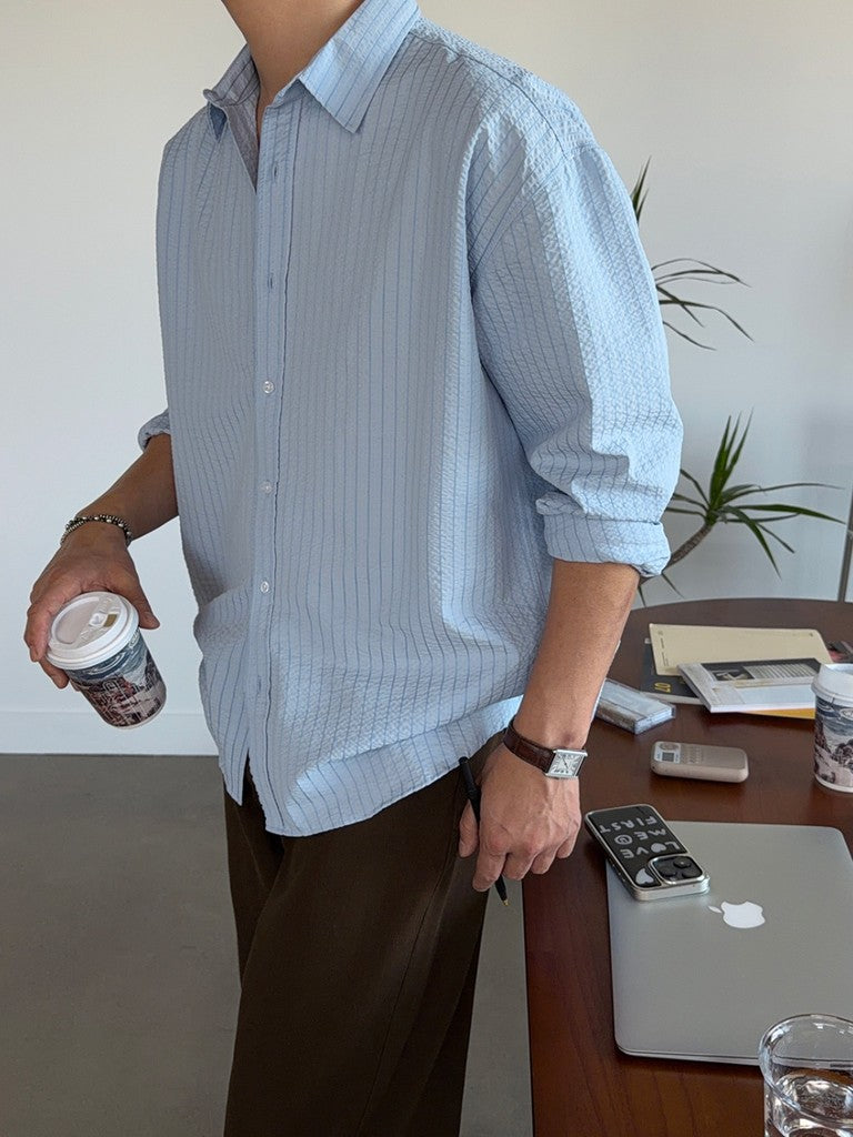 【Metanoia】🇰🇷韓製 落肩泡泡紗條紋長袖襯衫 - 7