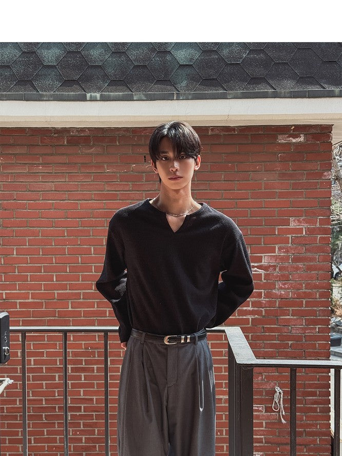 【Metanoia】🇰🇷韓製 V領開衩華夫格長袖針織上衣 - 7