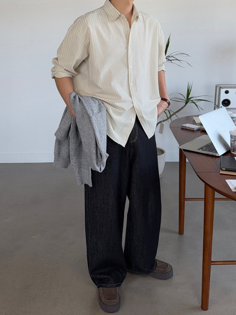 【Metanoia】🇰🇷韓製 落肩泡泡紗條紋長袖襯衫 - 4