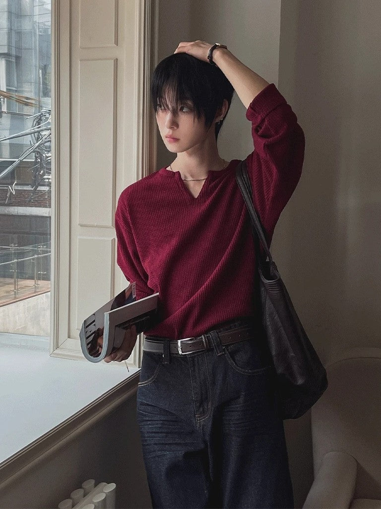 【Metanoia】🇰🇷韓製 V領開衩華夫格長袖針織上衣 - 4