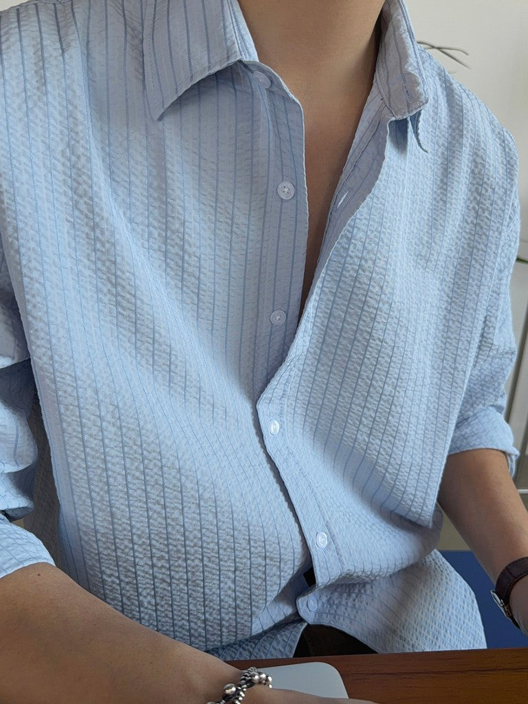 【Metanoia】🇰🇷韓製 落肩泡泡紗條紋長袖襯衫 - 11