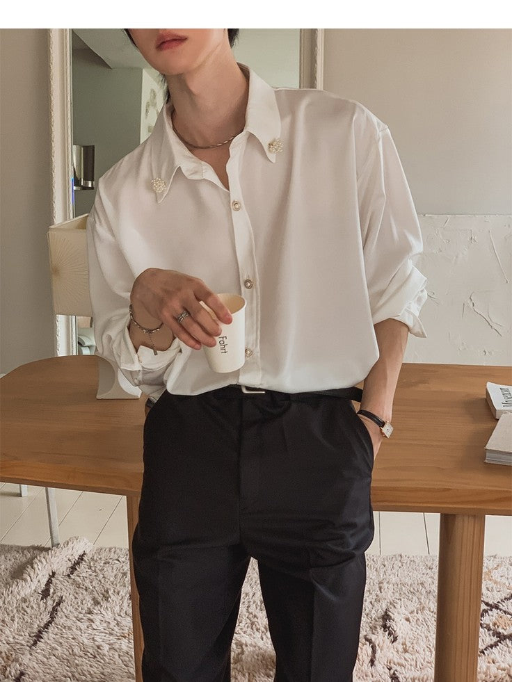 【Metanoia】🇰🇷韓製 緞面質感胸針裝飾寬鬆襯衫 - 4