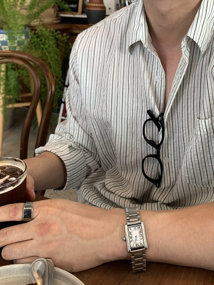 【Metanoia】韓國設計 泡泡紗條紋純棉寬鬆長袖襯衫 - 4