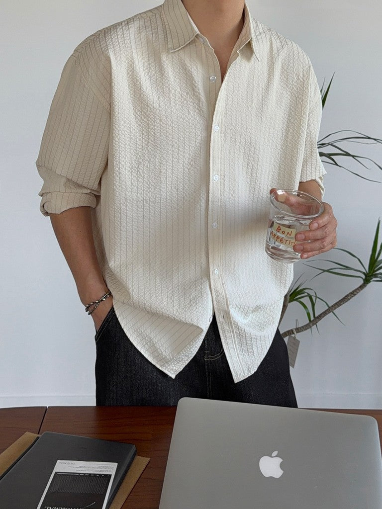 【Metanoia】🇰🇷韓製 落肩泡泡紗條紋長袖襯衫 - 1