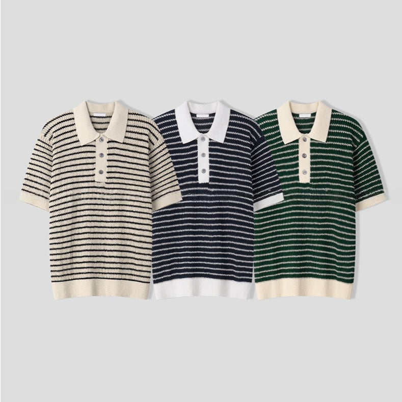 【Metanoia】韓國設計 翻領條紋針織短袖上衣