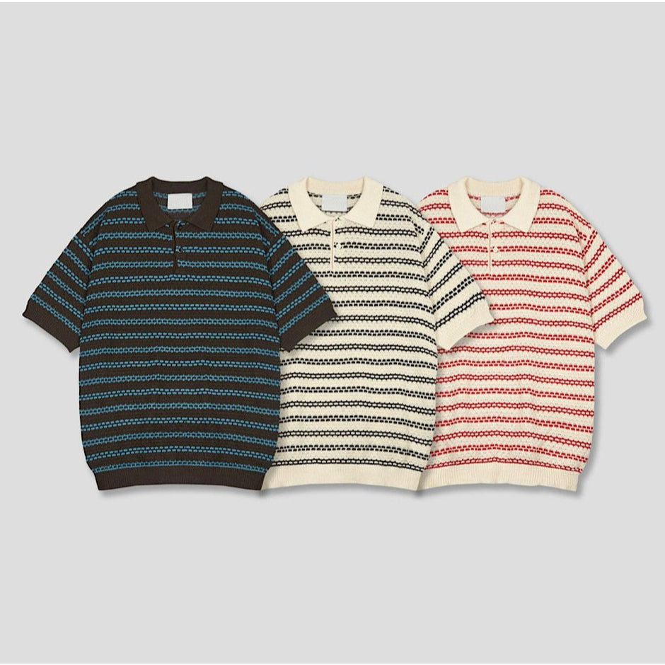 【Metanoia】韓國設計 翻領條紋針織短袖