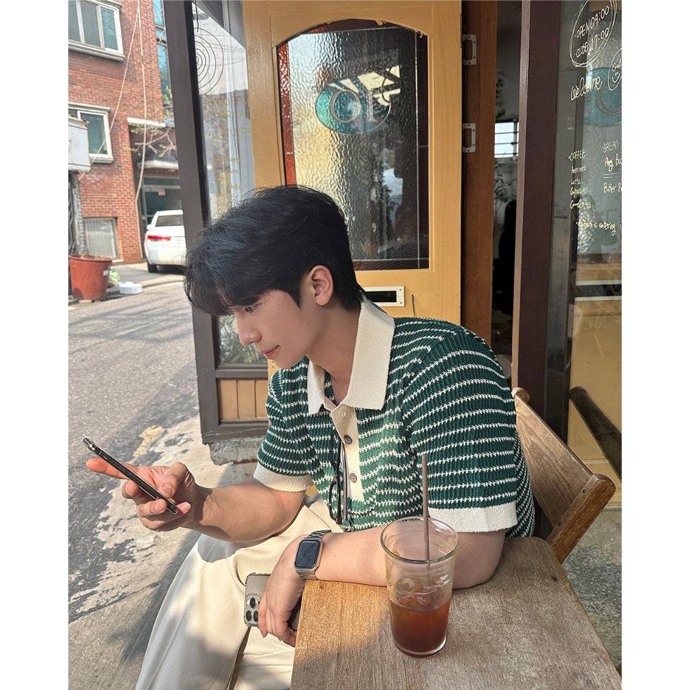 【Metanoia】韓國設計 翻領條紋針織短袖上衣