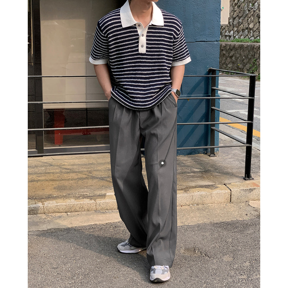 【Metanoia】韓國設計 翻領條紋針織短袖上衣