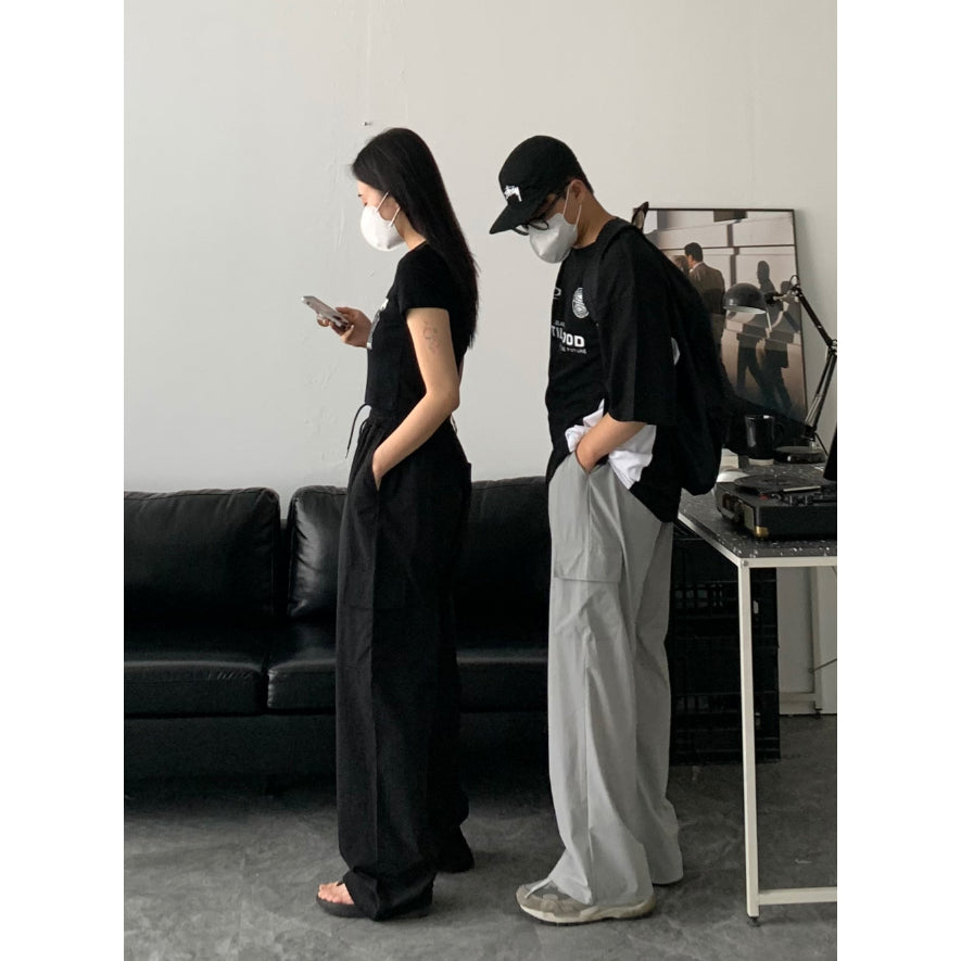 【Metanoia】韓國設計 尼龍鬆緊帶寬鬆薄落地褲