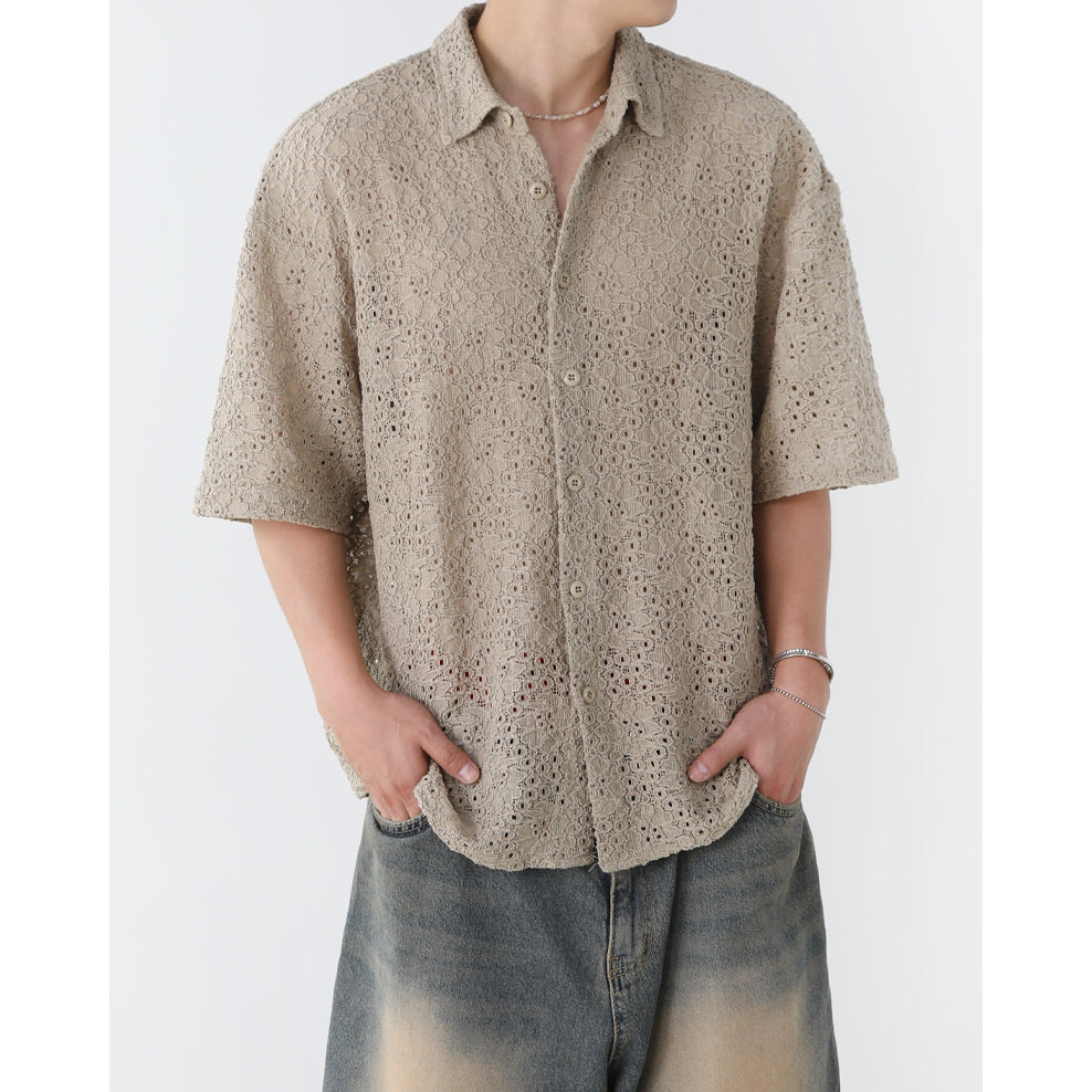 【Metanoia】🇰🇷韓製 翻領設計款鏤空花紋短袖襯衫