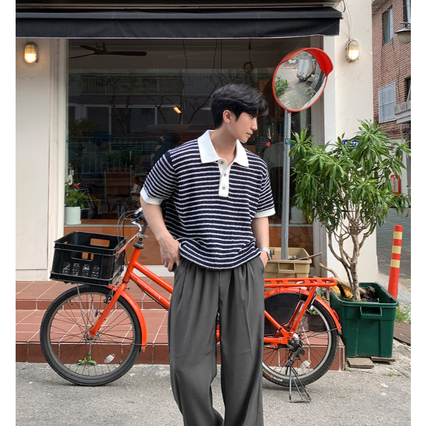 【Metanoia】韓國設計 翻領條紋針織短袖上衣