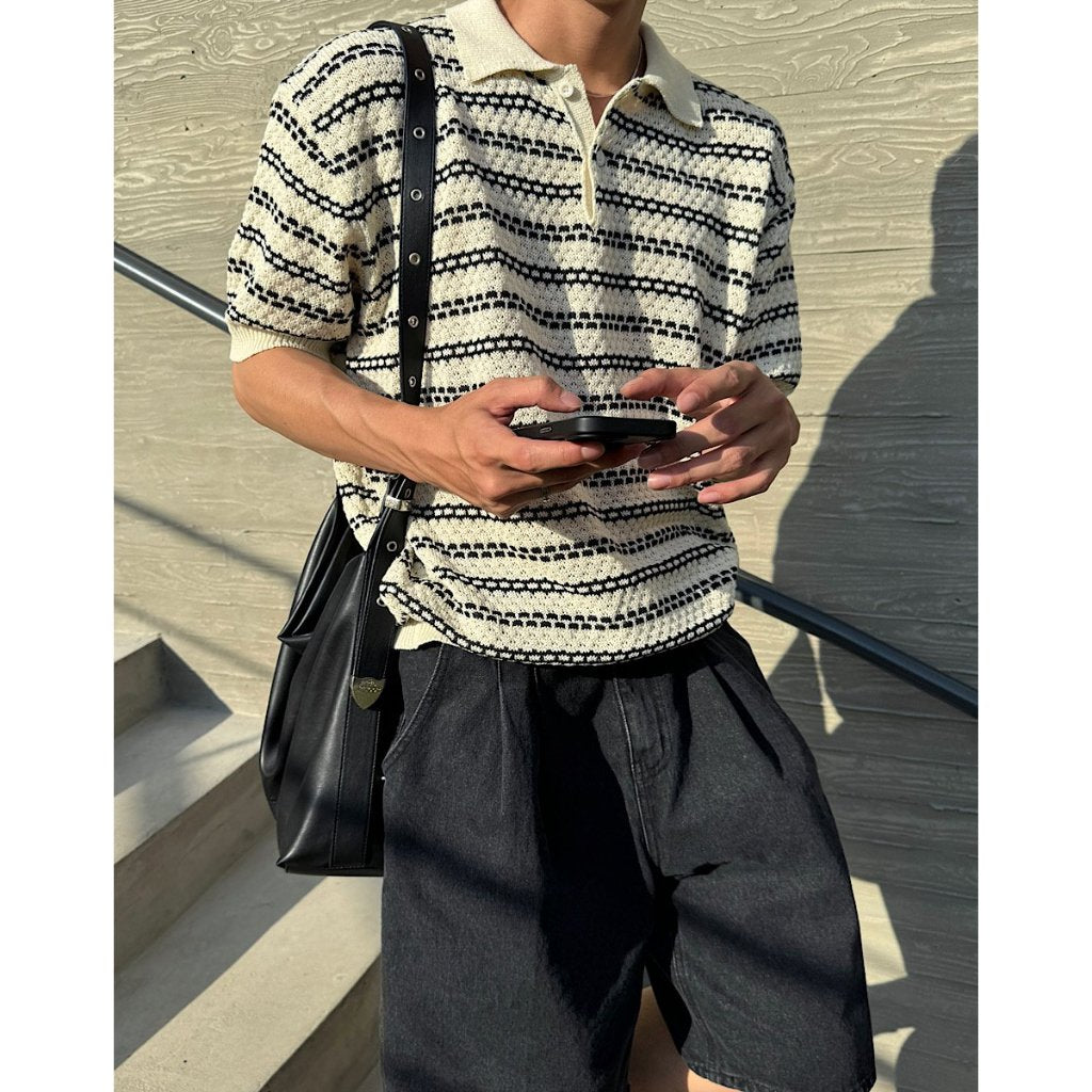 【Metanoia】韓國設計 翻領條紋針織短袖