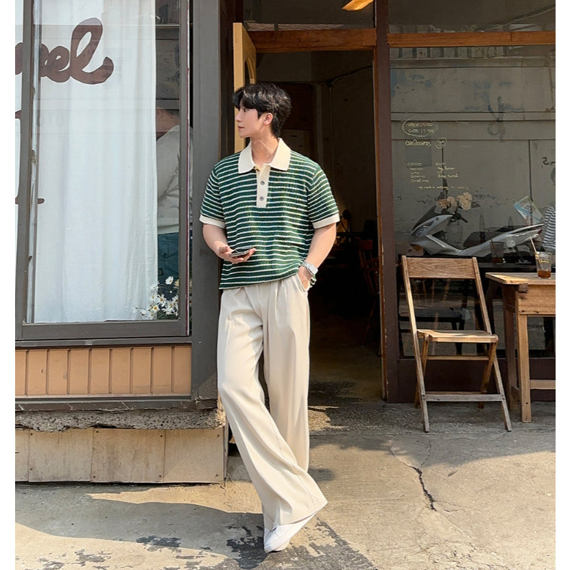 【Metanoia】韓國設計 翻領條紋針織短袖上衣