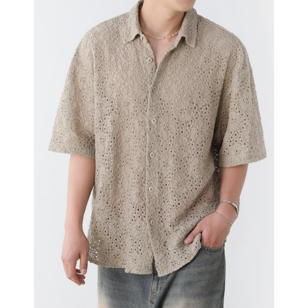 【Metanoia】🇰🇷韓製 翻領設計款鏤空花紋短袖襯衫