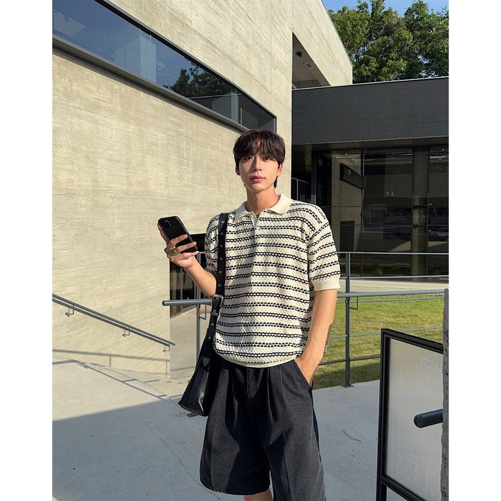 【Metanoia】韓國設計 翻領條紋針織短袖