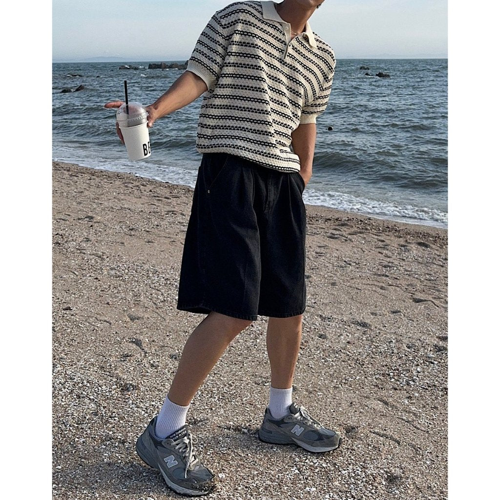 【Metanoia】韓國設計 翻領條紋針織短袖