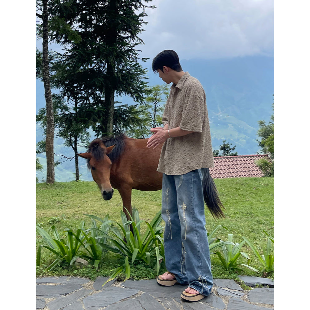 【Metanoia】🇰🇷韓製 翻領設計款鏤空花紋短袖襯衫