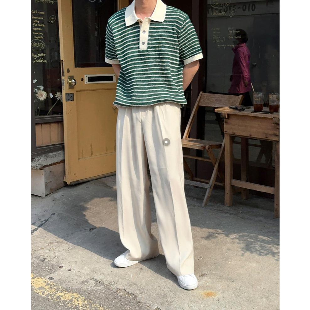 【Metanoia】韓國設計 翻領條紋針織短袖上衣