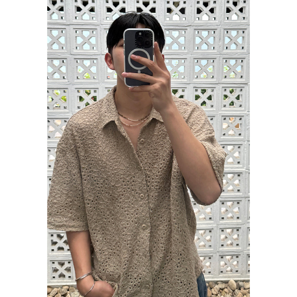 【Metanoia】🇰🇷韓製 翻領設計款鏤空花紋短袖襯衫