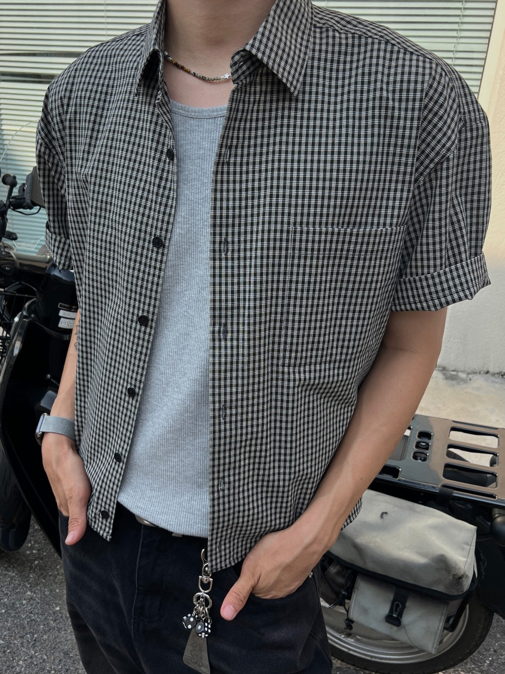【Metanoia】🇰🇷韓製 短版格紋短袖襯衫 - 5