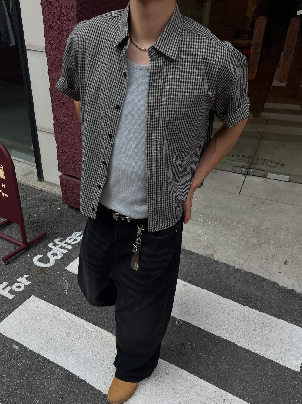 【Metanoia】🇰🇷韓製 短版格紋短袖襯衫 - 4