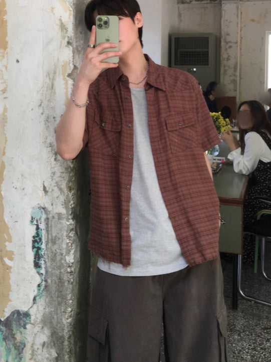 【Metanoia】🇰🇷韓製 復古翻領格紋短袖襯衫 - 1