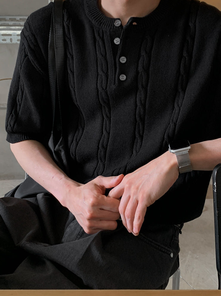 【Metanoia】韓國設計 麻花亨利領針織短袖上衣 - 6