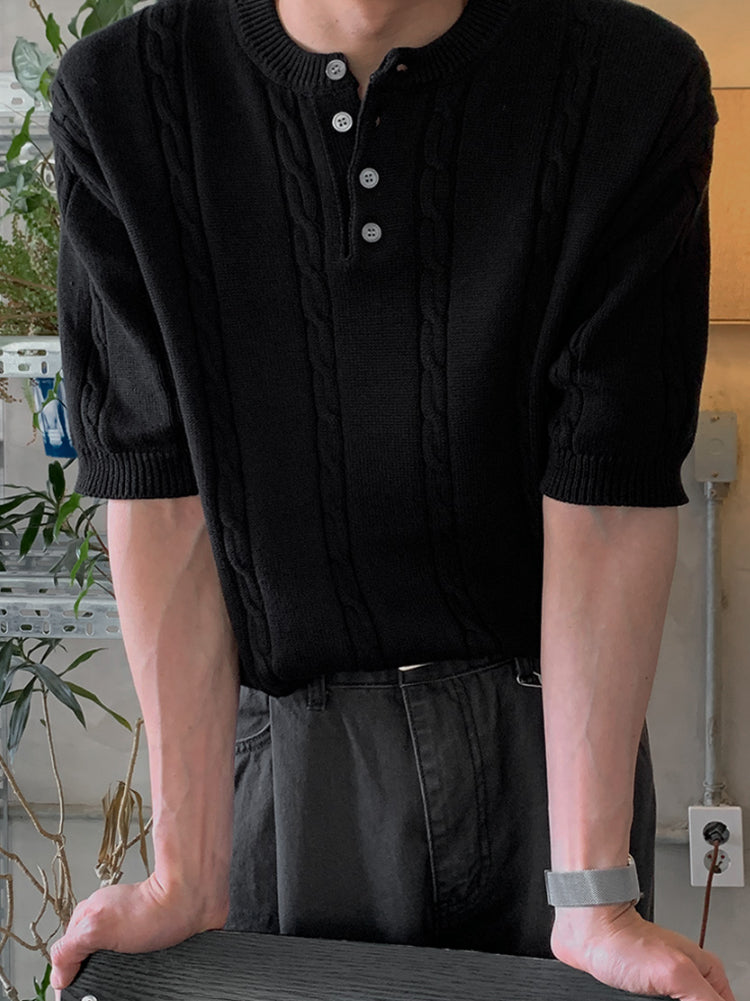 【Metanoia】韓國設計 麻花亨利領針織短袖上衣 - 7