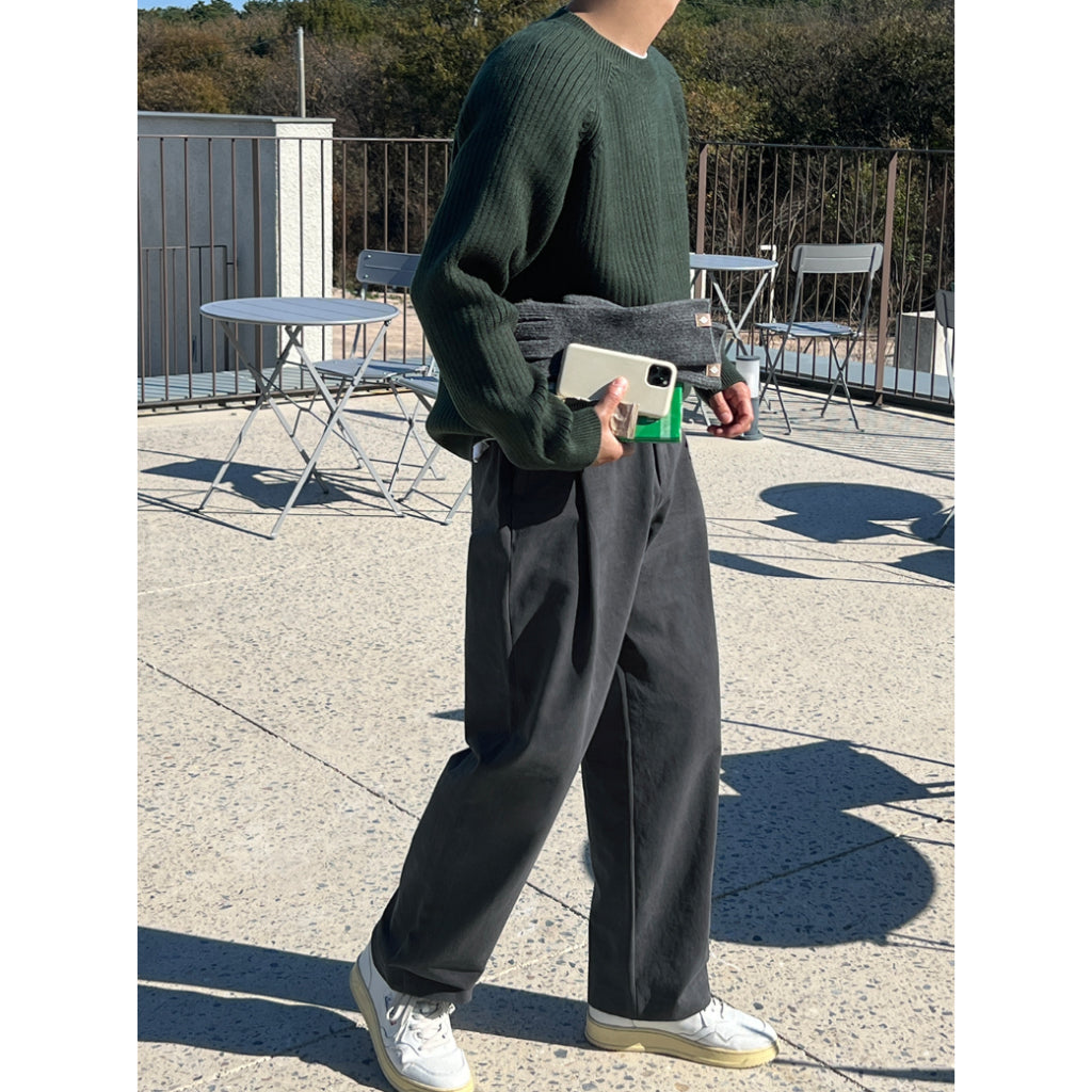 【Metanoia】韓國設計 雙褶半鬆緊帶卡其落地褲