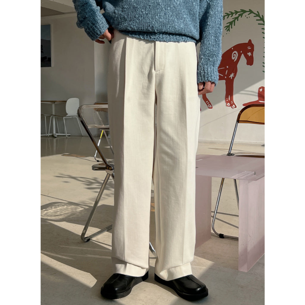 【Metanoia】韓國設計 雙褶半鬆緊帶卡其落地褲