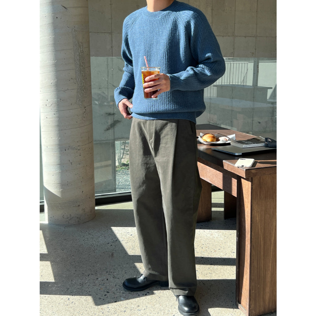 【Metanoia】韓國設計 雙褶半鬆緊帶卡其落地褲