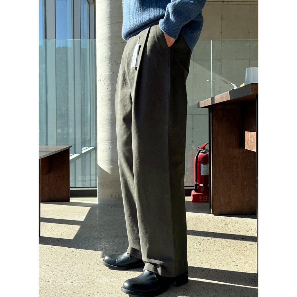 【Metanoia】韓國設計 雙褶半鬆緊帶卡其落地褲