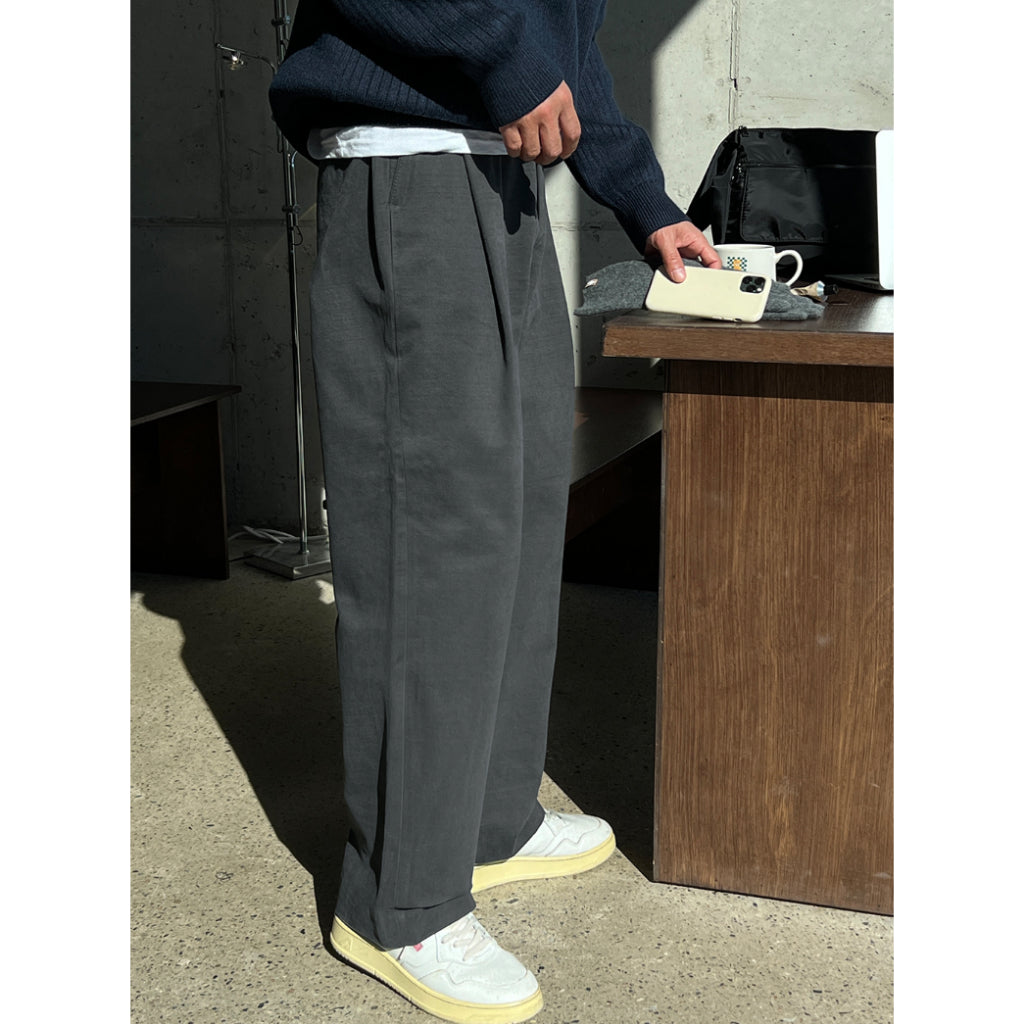 【Metanoia】韓國設計 雙褶半鬆緊帶卡其落地褲