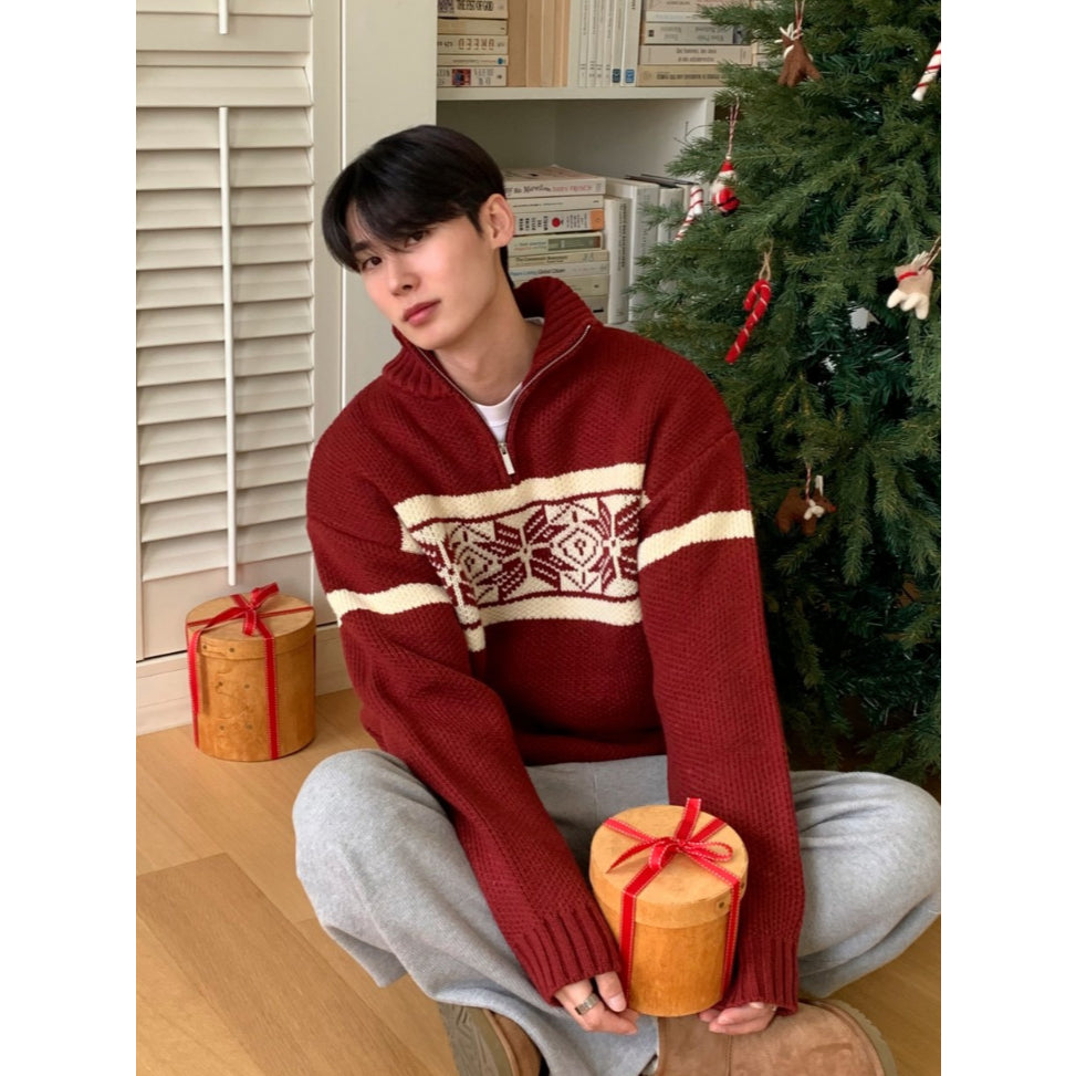 【Metanoia】韓國設計 雪花圖半拉鍊針織衣