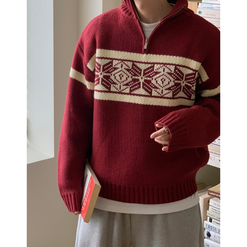 【Metanoia】韓國設計 雪花圖半拉鍊針織衣