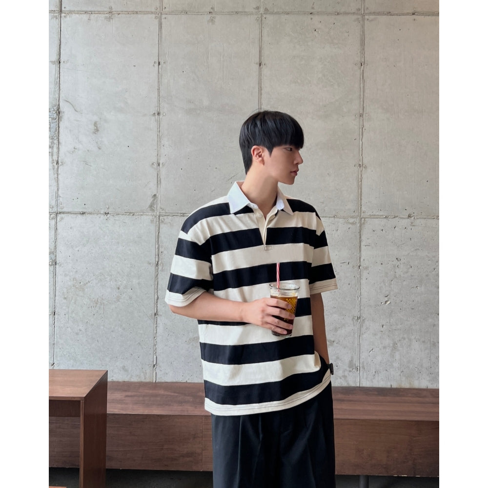 【Metanoia】韓國設計 翻領條紋短袖上衣