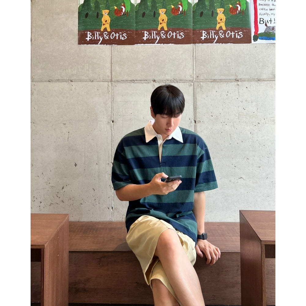 【Metanoia】韓國設計 翻領條紋短袖上衣