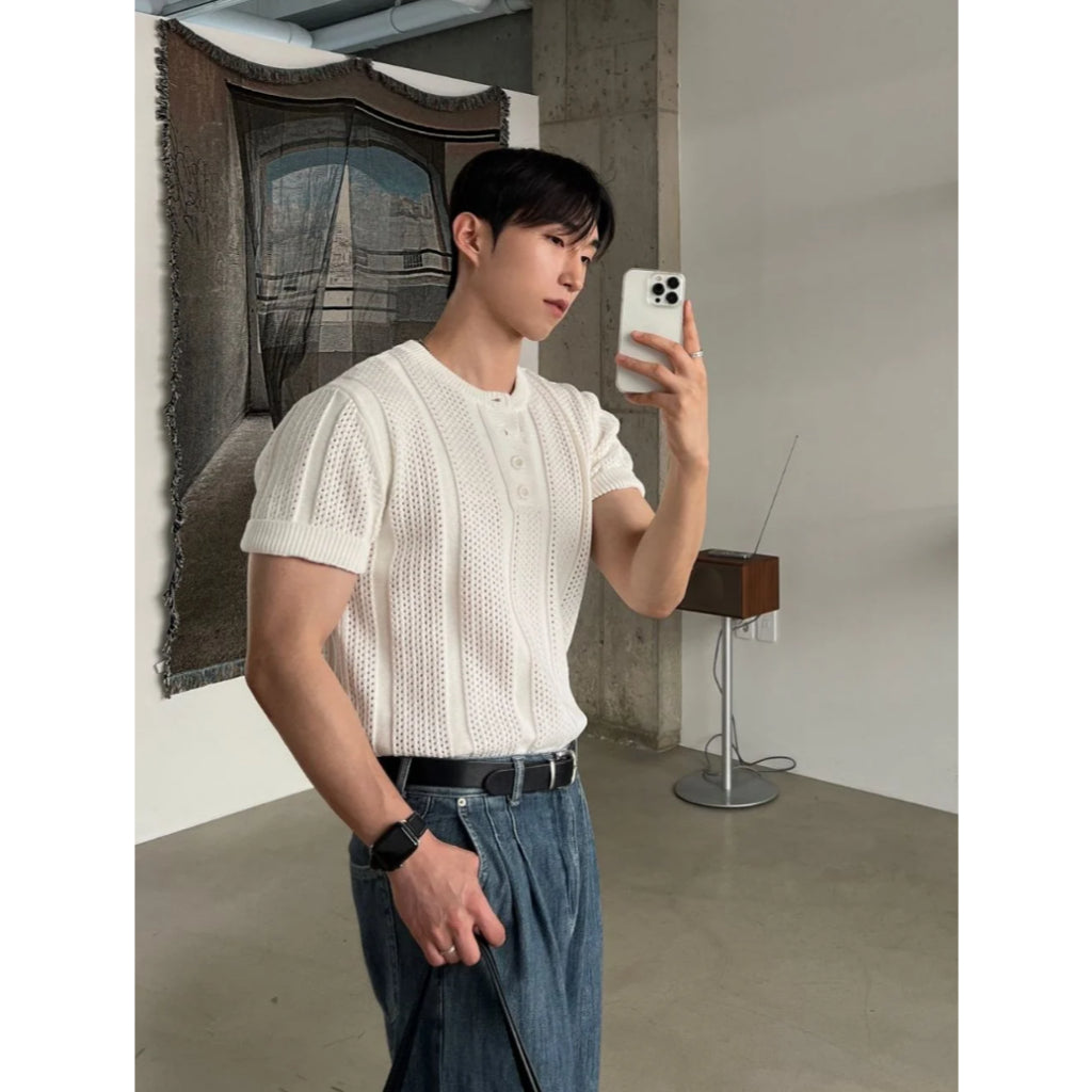 【Metanoia】韓國設計 鏤空修身亨利領針織短袖 - 4