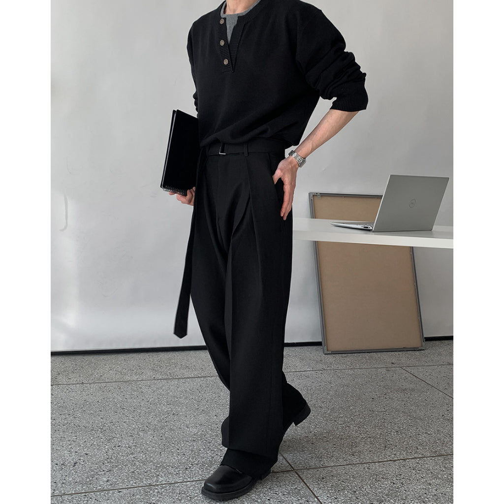 【Metanoia】🇰🇷韓製 含皮帶西裝設計感寬鬆落地褲