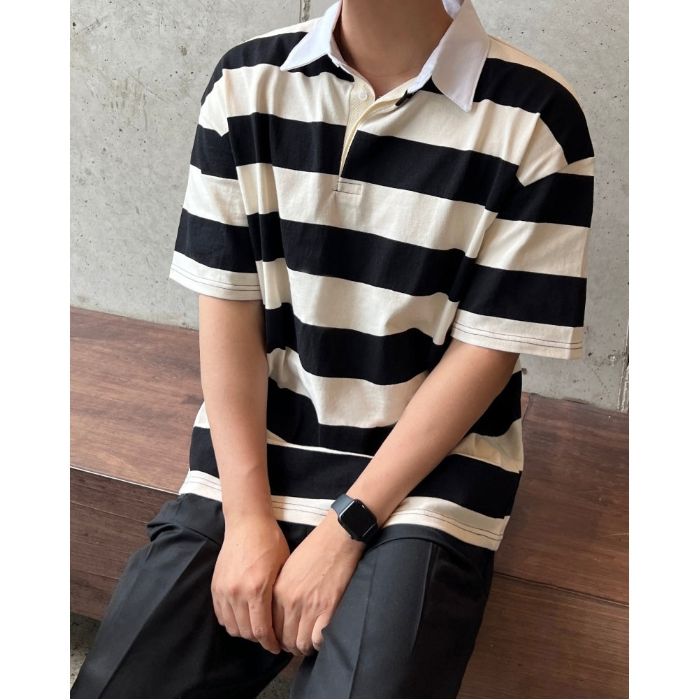 【Metanoia】韓國設計 翻領條紋短袖上衣