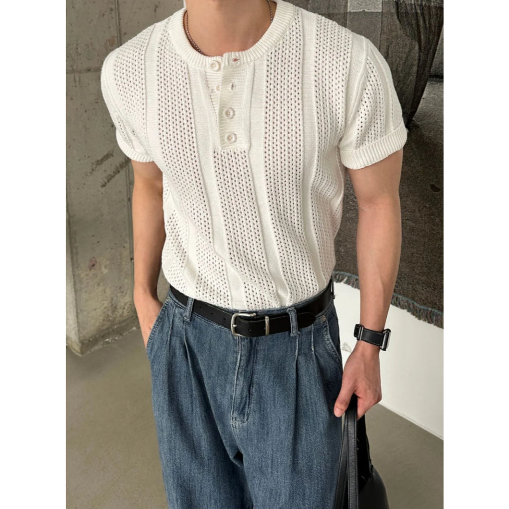 【Metanoia】韓國設計 鏤空修身亨利領針織短袖 - 2