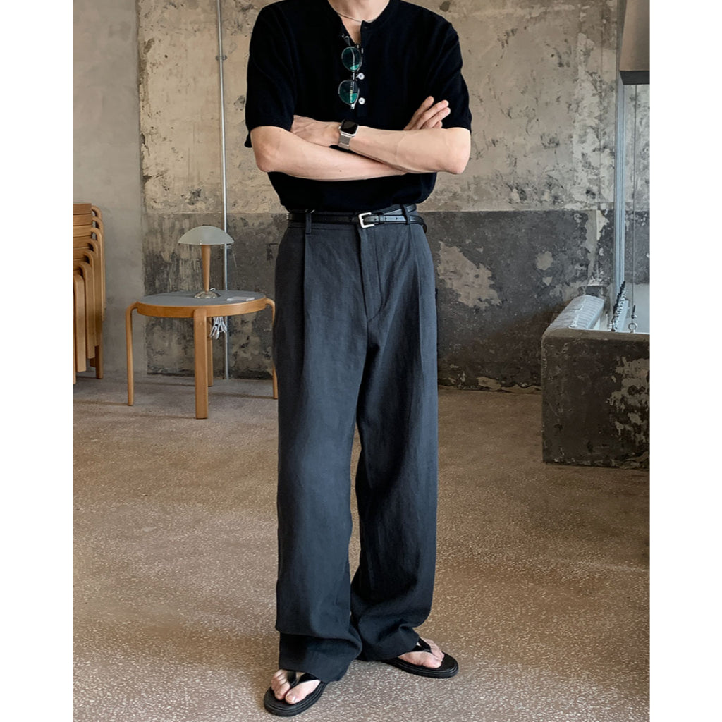 【Metanoia】韓國設計 亨利領亞麻針織短袖上衣