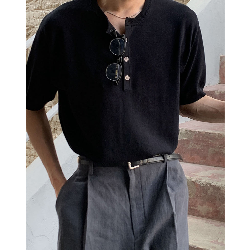 【Metanoia】韓國設計 亨利領亞麻針織短袖上衣