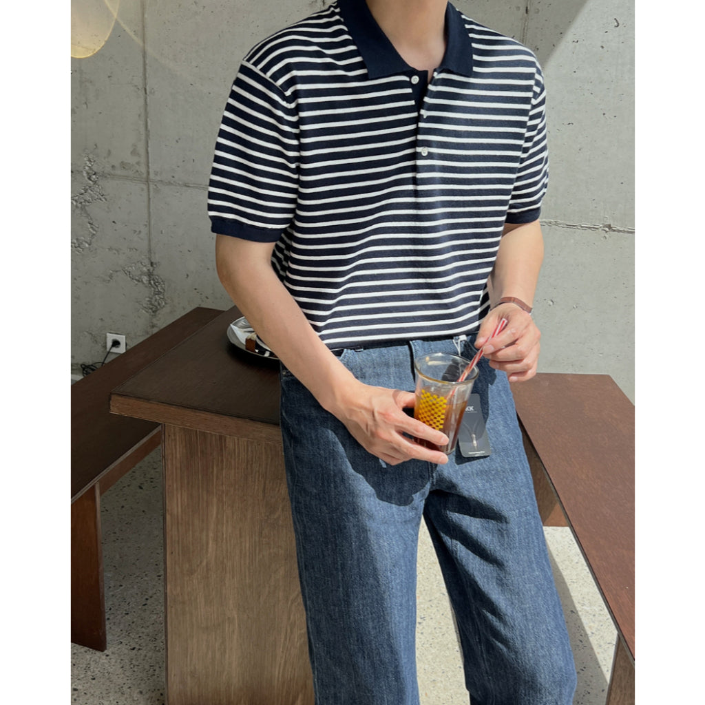 【Metanoia】韓國設計 翻領條紋短袖上衣