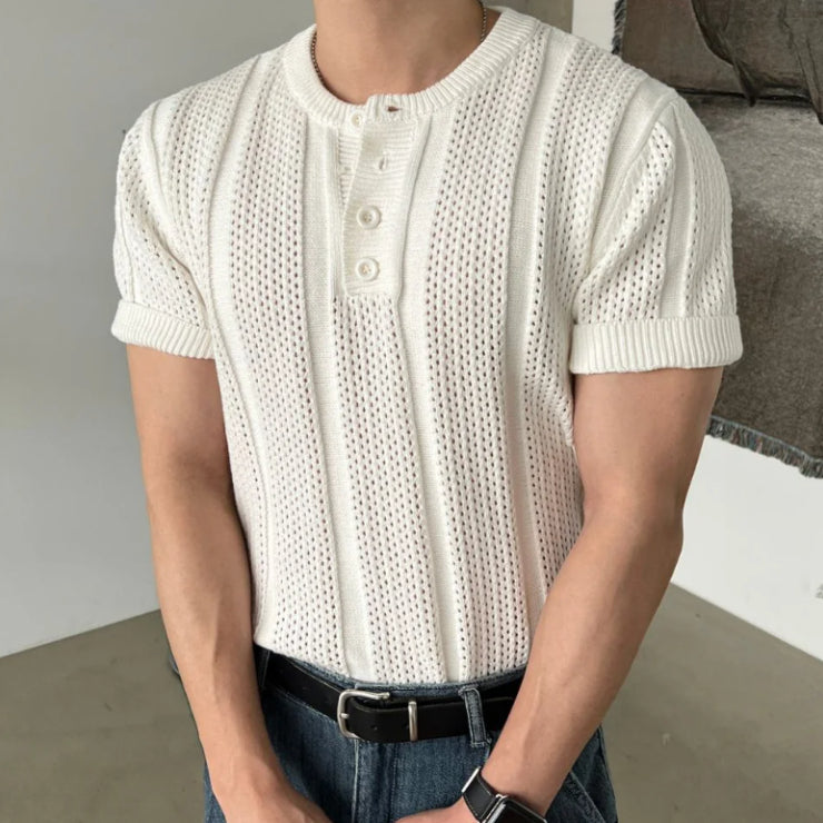 【Metanoia】韓國設計 鏤空修身亨利領針織短袖 - 1