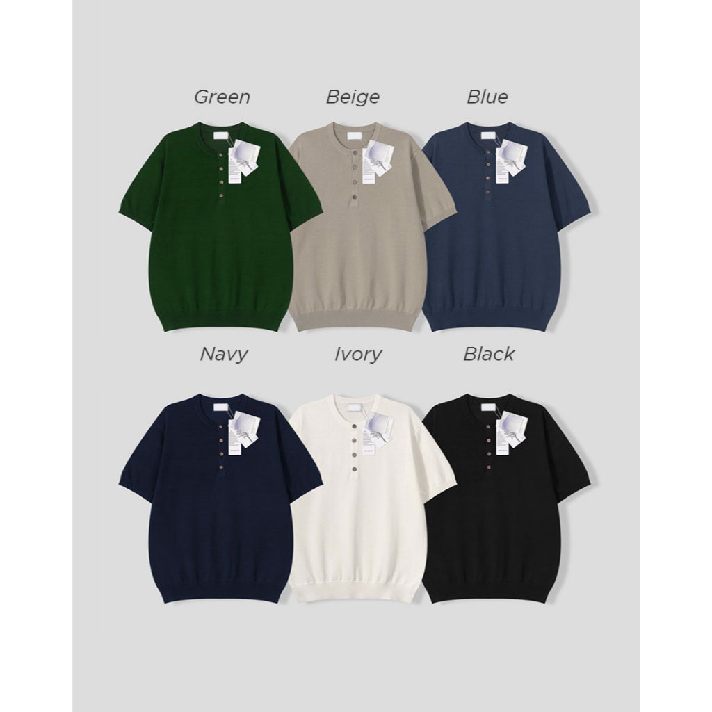 【Metanoia】韓國設計 亨利領亞麻針織短袖上衣