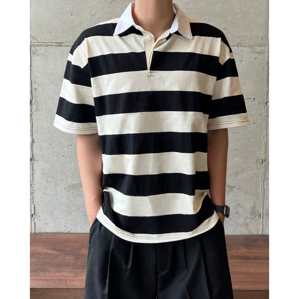 【Metanoia】韓國設計 翻領條紋短袖上衣